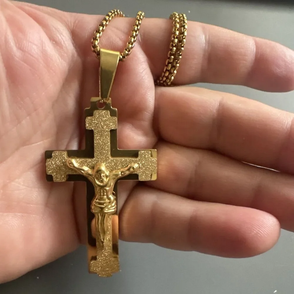 Gold Tone Cross Jesus Pendant 24” Chain Christ Stainless Steel Catholic Gift